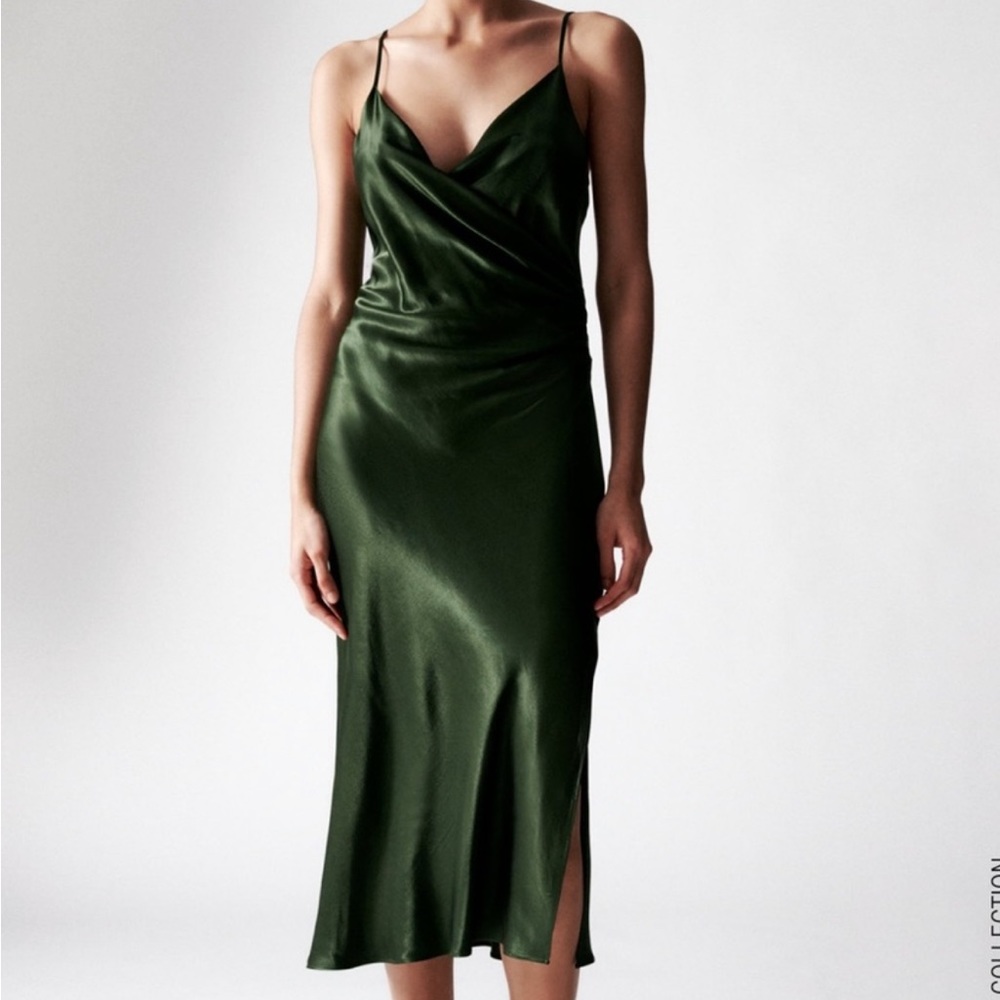 Green Silk satin Midi Slip Dress, XS